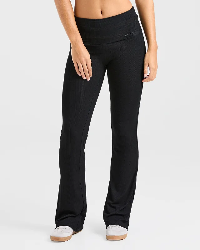 Lounge Ribbed Foldover Flared Leggings - Black Comfortable Tummy Shaping Leggings