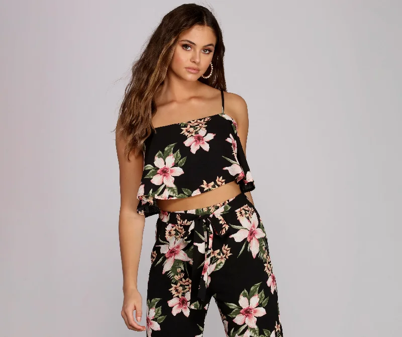 Total Tropics Ruffle Crop Top Sequined Glittery Shiny