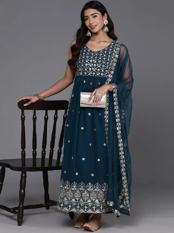 Teal Embroidered Georgette A-Line Kurta With Trousers & Dupatta Trousers Cargo Utility Teal Embroidered Georgette A-Line Kurta With Trousers & Dupatta Trousers Cargo Utility
