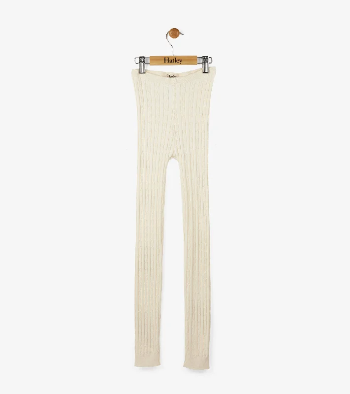 Cable Knit Leggings | Cream Comfortable Wide-Band Leggings