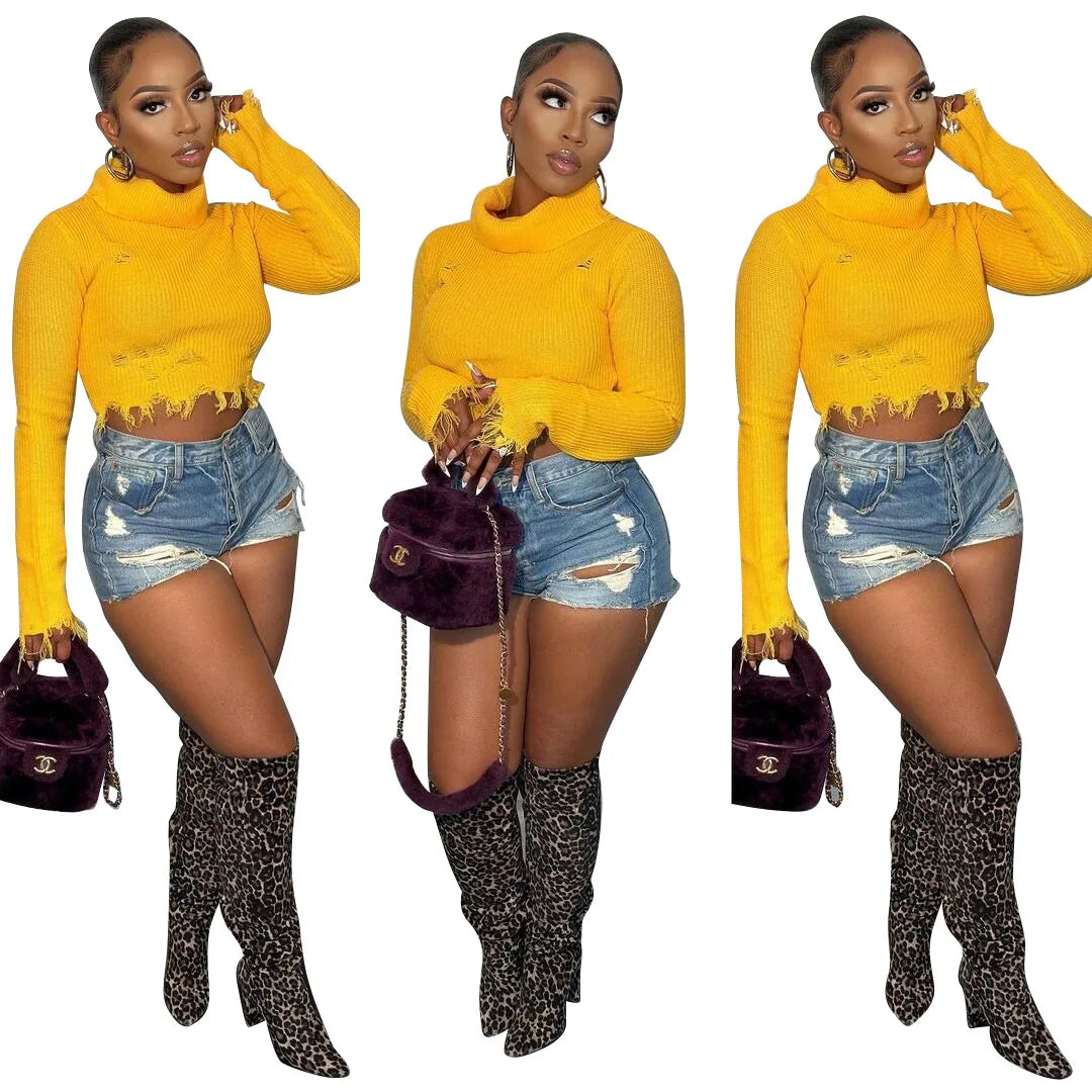 Women Turtleneck Sweater Ladies Fashionable Sweater Tops with Solid Tassel Trendy Pullover Knitted Sweater for Women Slit Sleeve Stylish