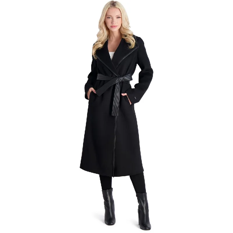 Tahari Juliette Women's Wool Blend Double Face Faux Leather Trim Belted Coat Parka Anorak Hoodie