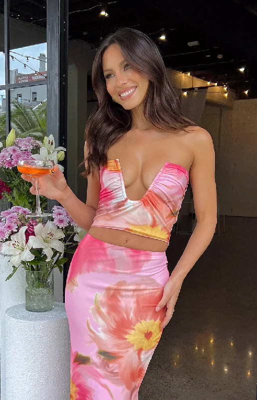 Esha Pink Floral Strapless Crop Top Front Pockets Side Pockets Patch Pockets