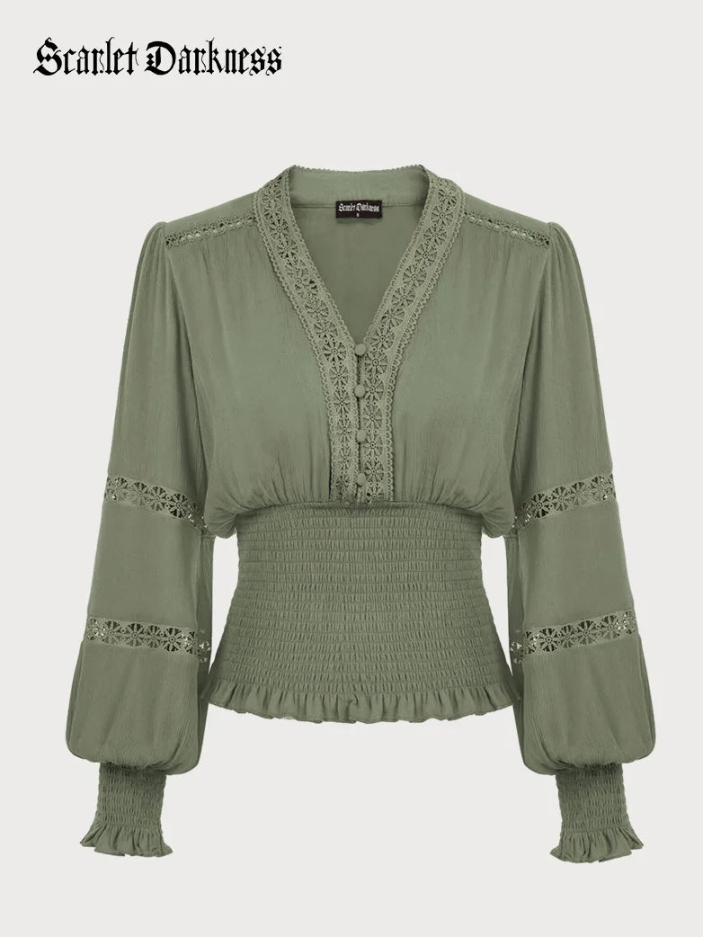 Hollow out Smocked Waist V-Neck Cotton Pullover Tops Box Sleeve Comfort