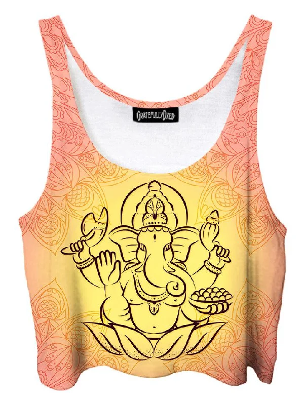 Ganesha Elephant Lotus Crop Top Welt Pockets Slit Pockets Flap Pockets