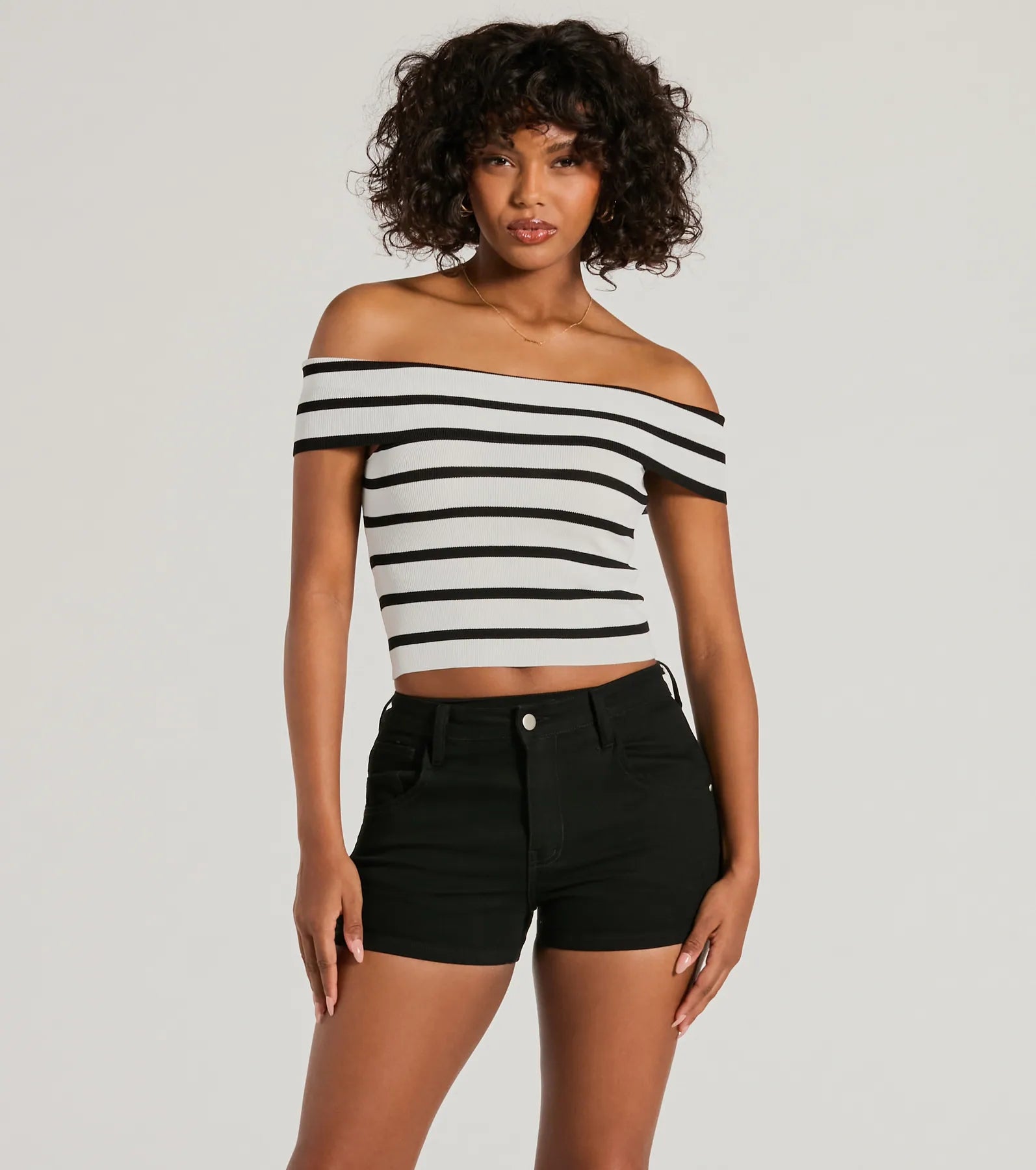 Just Your Stripe Off-The-Shoulder Crop Top Modern Contemporary Chic