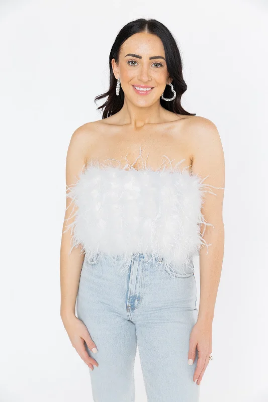 Fancy Strapless Feather Crop Top - White Modern Contemporary Chic