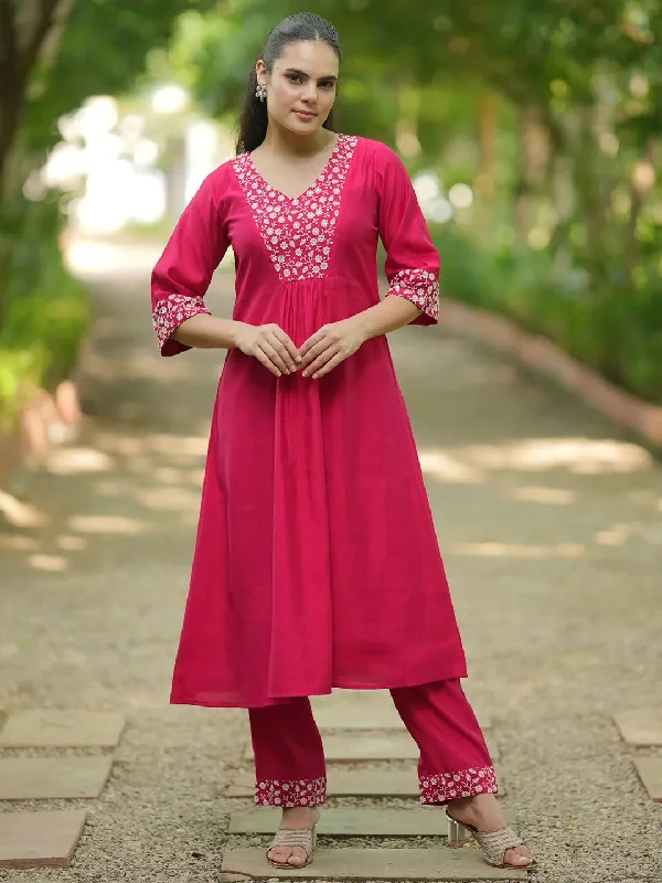 Pink Yoke Design Silk Blend A-Line Kurta With Trousers Trousers Modern Contemporary