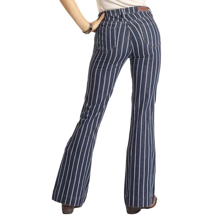 Rock & Roll Denim Women's High Rise Striped Trouser Trousers Solid Black