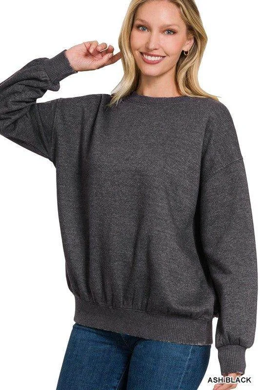 Zenana Acid Wash Fleece Oversized Pullover Ruffle Neck Pullover