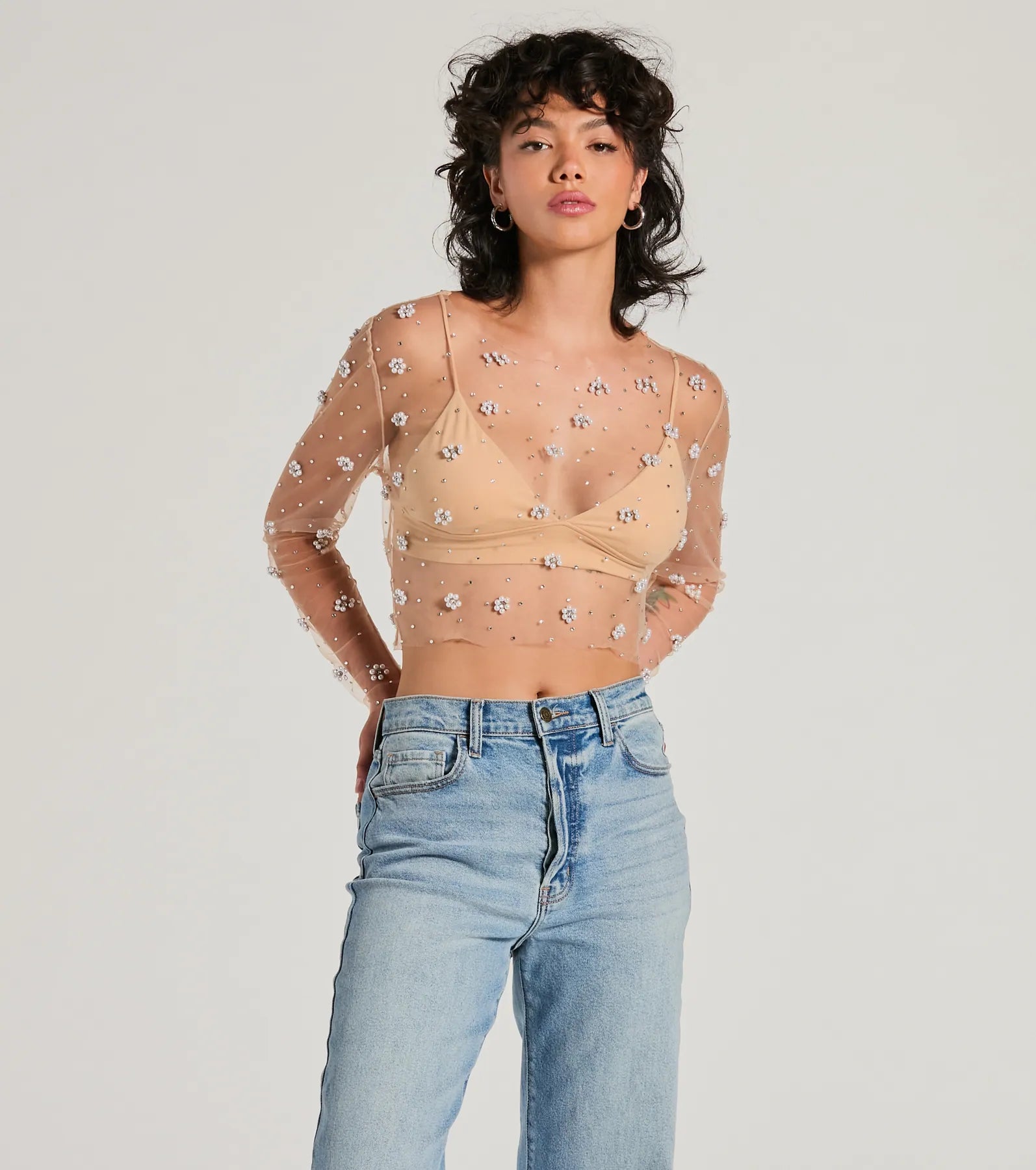 Flirty Floral Rhinestone Pearl Sheer Mesh Crop Top Casual Formal Business