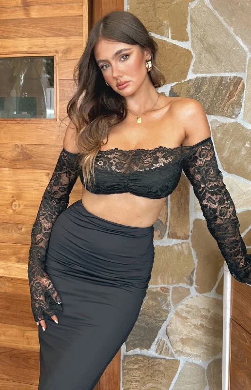 Beatrix Black Lace Long Sleeve Crop Top Handmade Hand-knitted Hand-woven