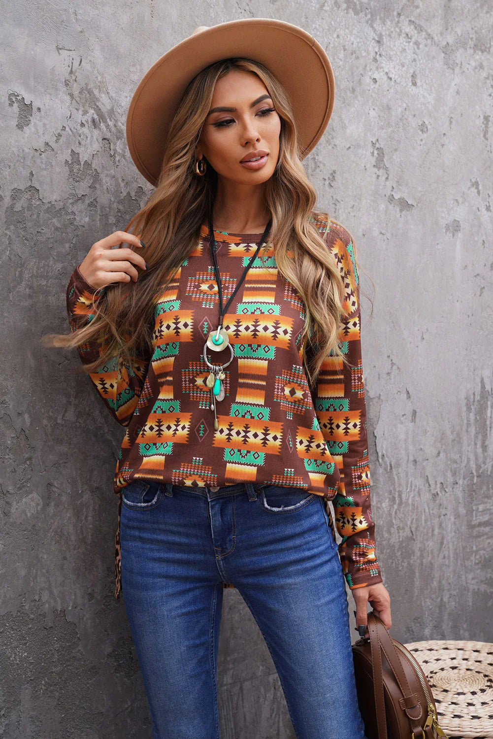 Aztec & Leopard Print Pullover Shirt Bardot Neck Top