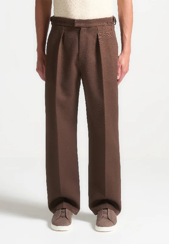 Relaxed Fit Twill Pleated Tailored Trousers - Brown Chinos Cotton Straight Leg