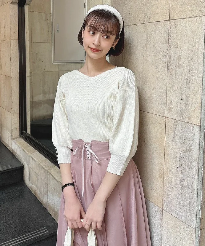 V-Neck Knit Pullover w/Pearl Cuff Buttons Elbow Length Sleeve