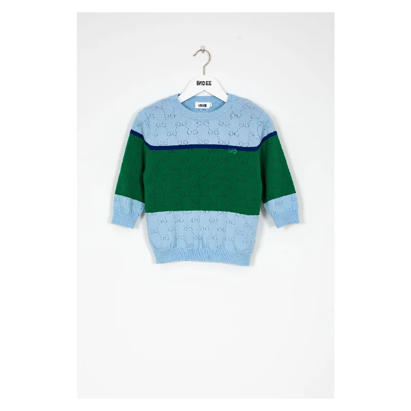 Indee Blue Tricolor Pullover Ribbed Crew Neck