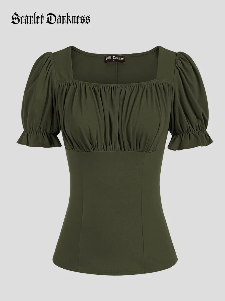 Women Puffed Stand Collar Pullover Cotton Tops Keyhole Neck Pullover