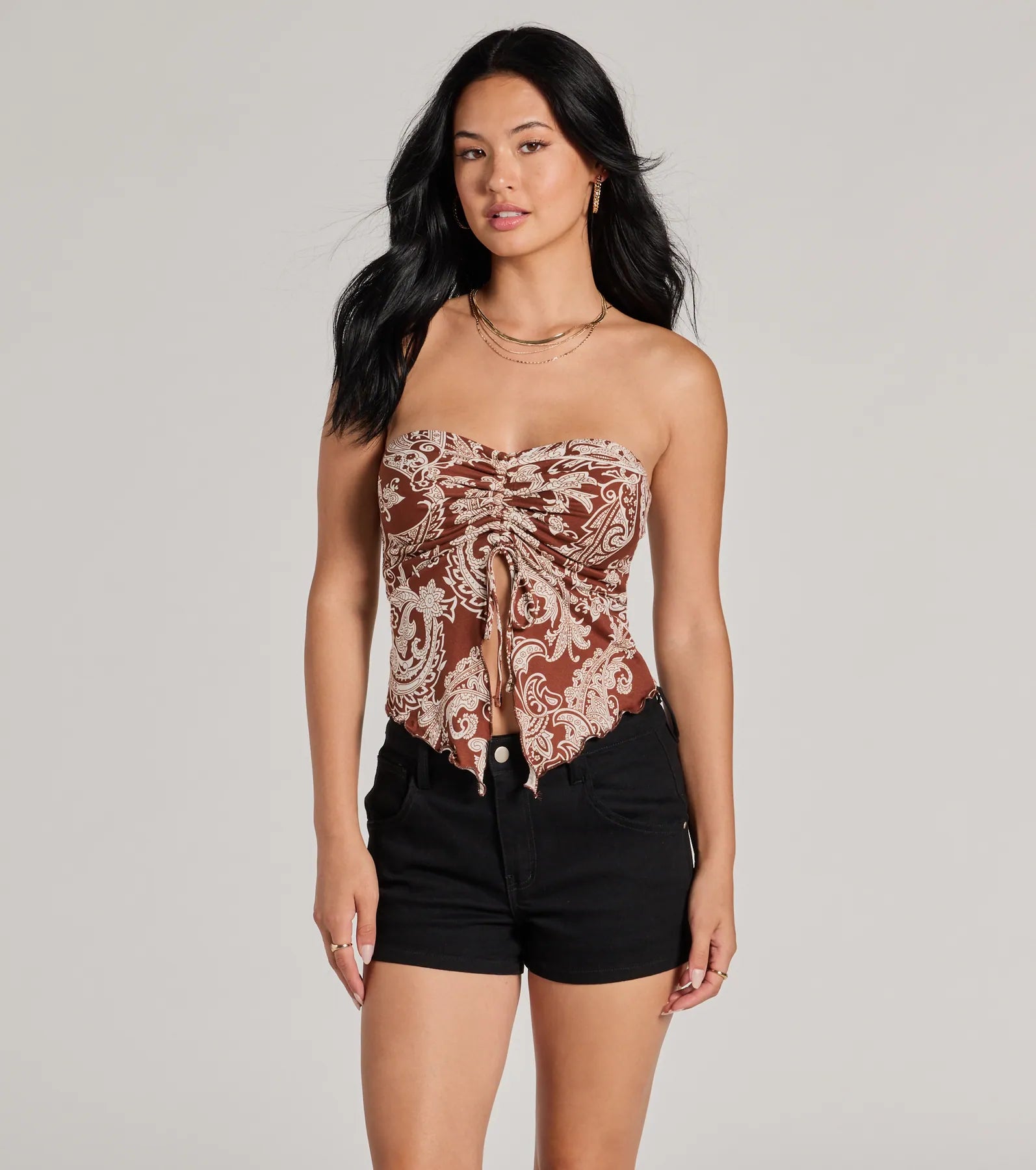Paisley Babe Strapless Slit Crop Top Polka Dot Checkered Tartan