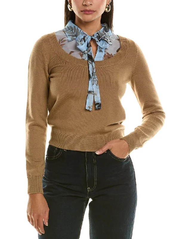 Oscar de la Renta Floral Wool Pullover Short Sleeve Top