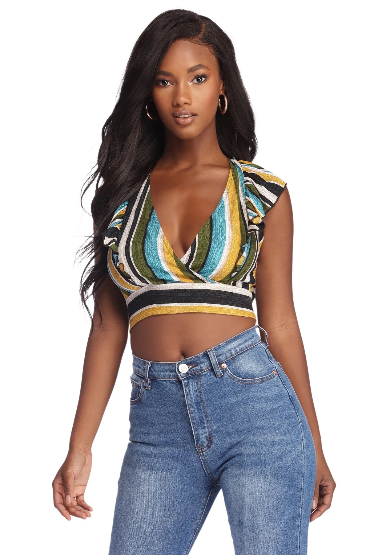 Color Wave Ruffled Crop Top Beaded Sequined Faux Fur