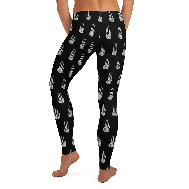 May the Odds Be Ever In Your Favor Three Finger Skeleton Salute Leggings Stylish Faux Leather Leggings