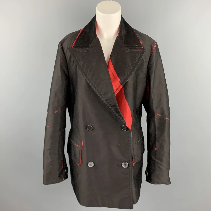 PRADA SS 2018 Size S Brown & Red Print CottonDouble Breasted Pea Coat Sequined Lace Ribbed PRADA SS 2018 Size S Brown & Red Print CottonDouble Breasted Pea Coat Sequined Lace Ribbed