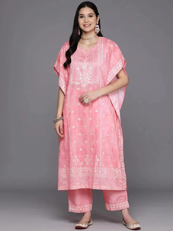 Pink Printed Silk Blend Kaftan With Trousers Trousers Floral Bohemian
