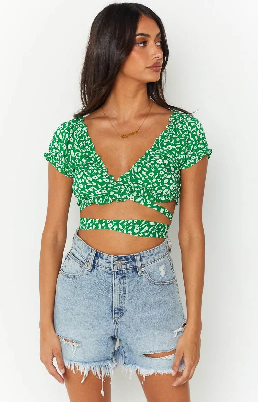 Colette Green Floral Crop Top Notch Collar Peter Pan Collar Cowl Neck