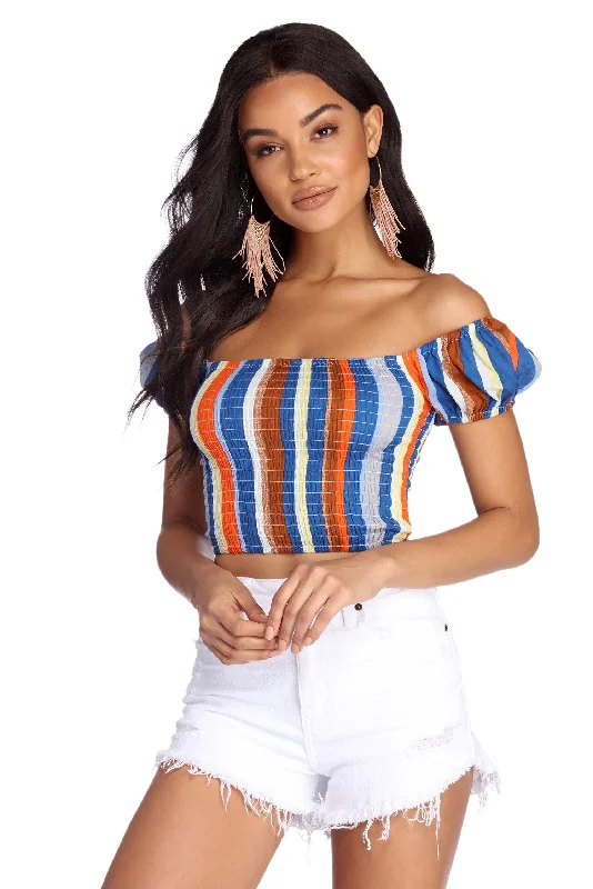 Smocked And Striped Crop Top Iron Safe Non-Iron Wrinkle Free