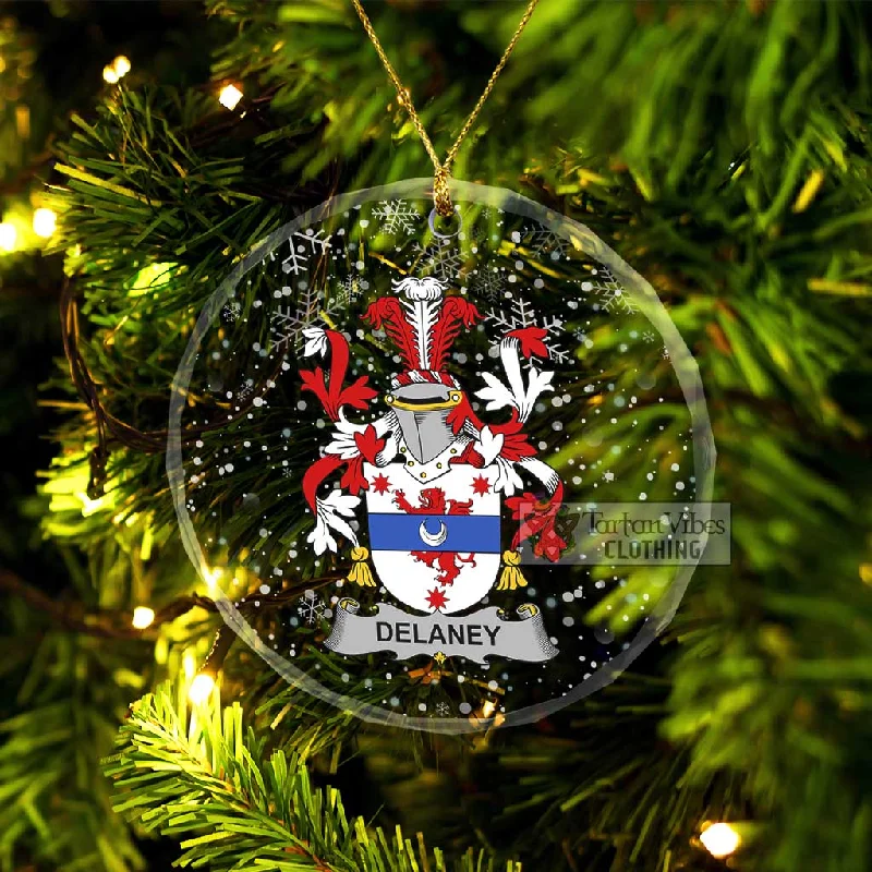 Delaney Irish Clan Christmas Glass Ornament with Coat of Arms Trench Raincoat Windbreaker