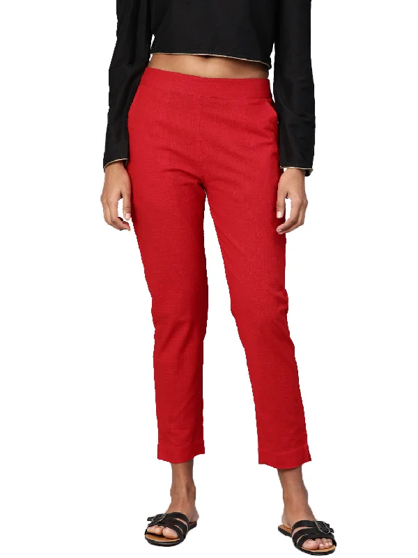 Women Red Straight Fit Solid Regular Trousers Trousers Leather Faux