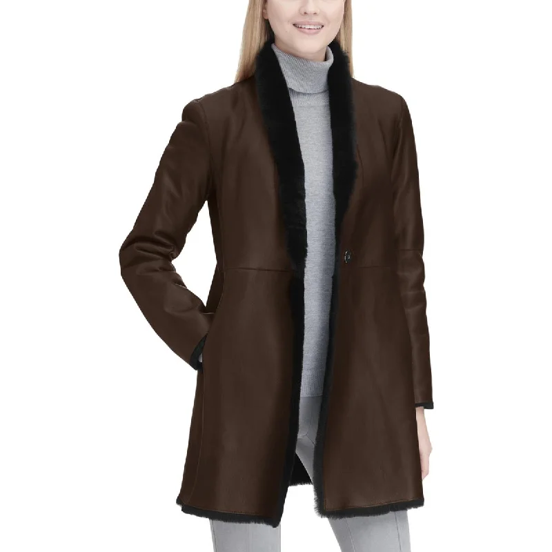 Calvin Klein Womens Lamb Shearling Reversible Leather Coat Houndstooth Coat Plaid Coat Tartan Coat