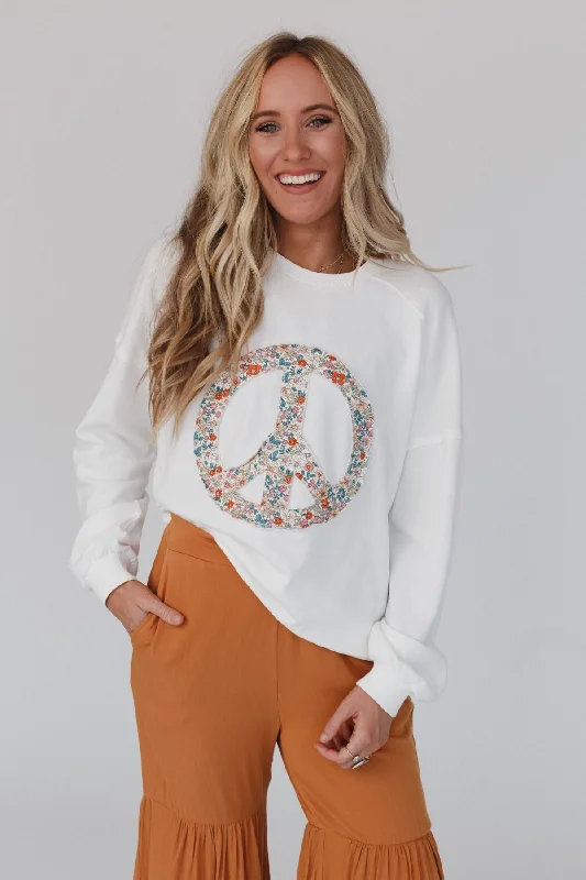 Jenny Floral Peace Sign Pullover Top - Off White Zipper Front Cardigan