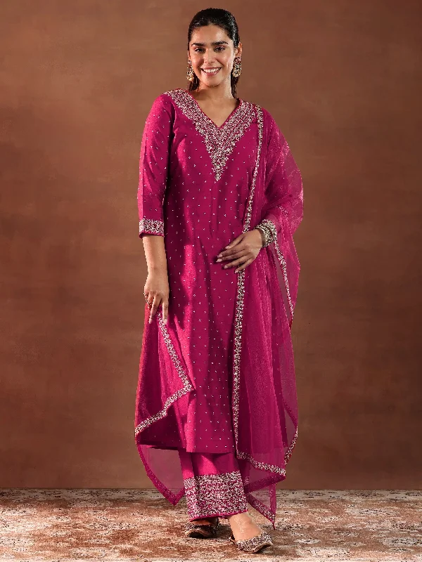 Magenta Woven Design Chanderi Silk A-Line Kurta With Trousers & Dupatta Trousers luxurious premium