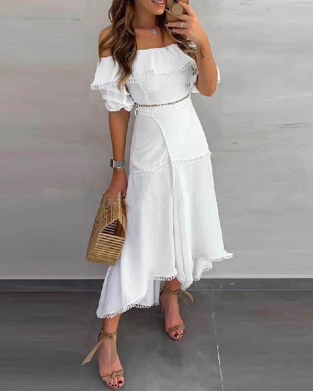 Off Shoulder Half Sleeve Ankle-Length Patchwork Pullover Womens Dress Solo Sleeve Pullover