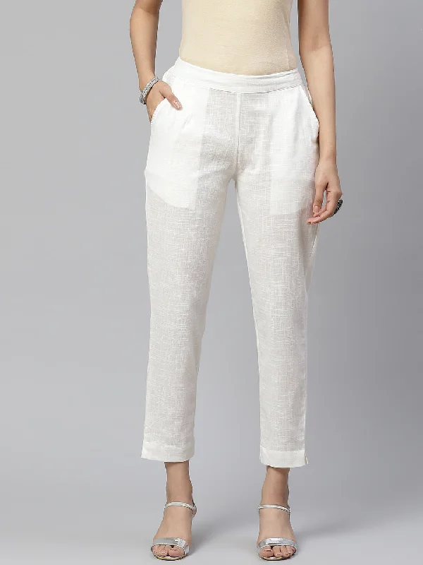 Women Off-White Comfort Regular Fit Solid Cotton Cigarette Trousers Trousers Denim Blue
