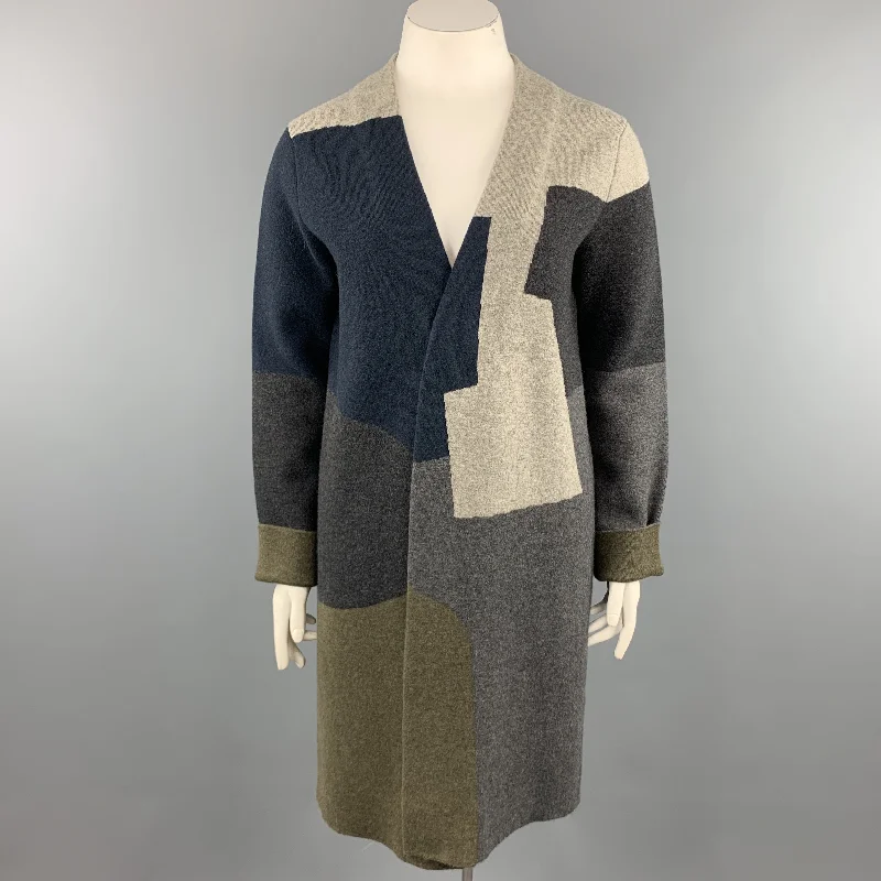 JIL SANDER Size 12 Grey Navy & Olive Green Color Block Cashmere Coat Coat Overcoat Trench Coat