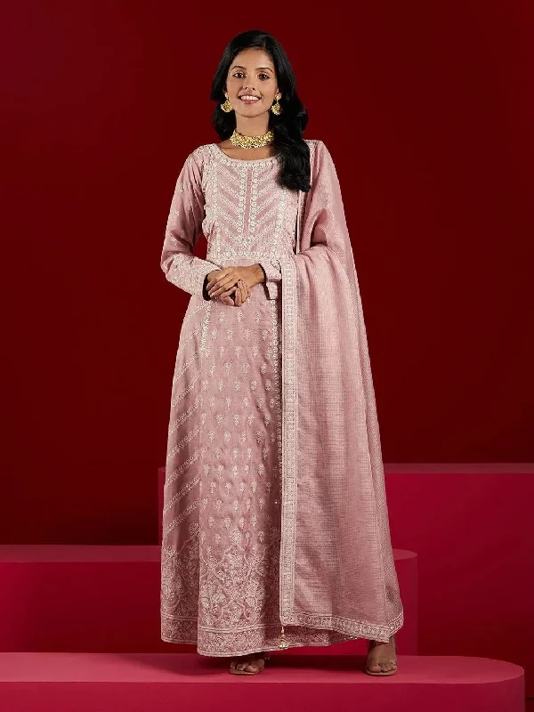 Libas Art Dusty Pink Embroidered Silk A-Line Kurta With Trousers & Dupatta Cropped Trousers Casual Linen Libas Art Dusty Pink Embroidered Silk A-Line Kurta With Trousers & Dupatta Cropped Trousers Casual Linen