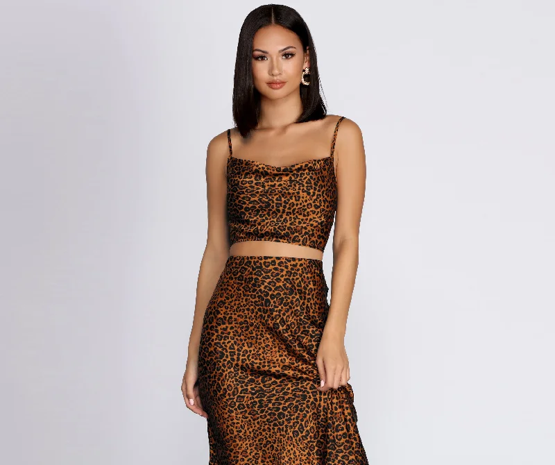 Leopard Cowl Neck Crop Top Zippered Front Buttoned Front Snap Front