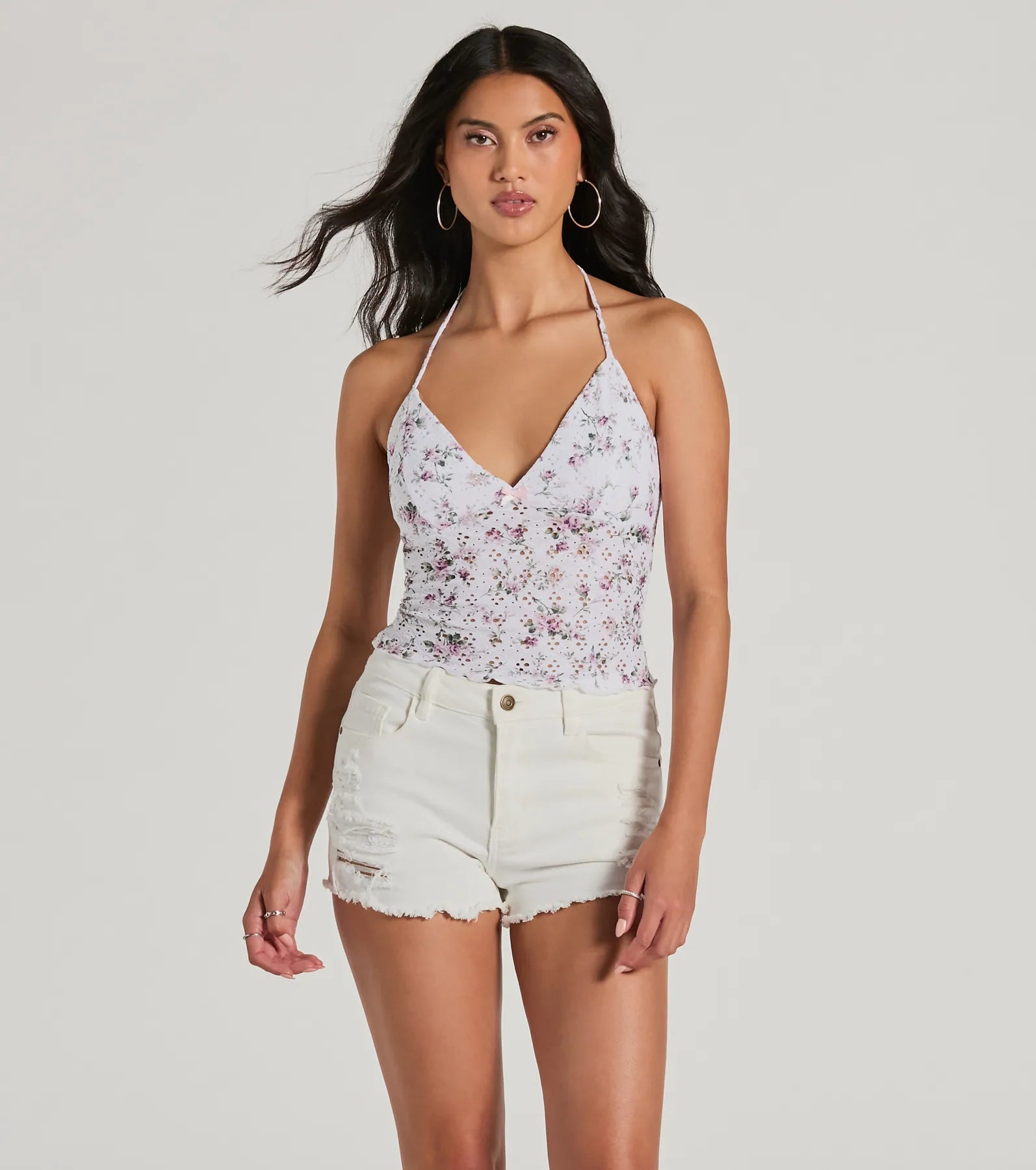 Pick Me Halter Floral Eyelet Crop Top Elegant Classic Vintage