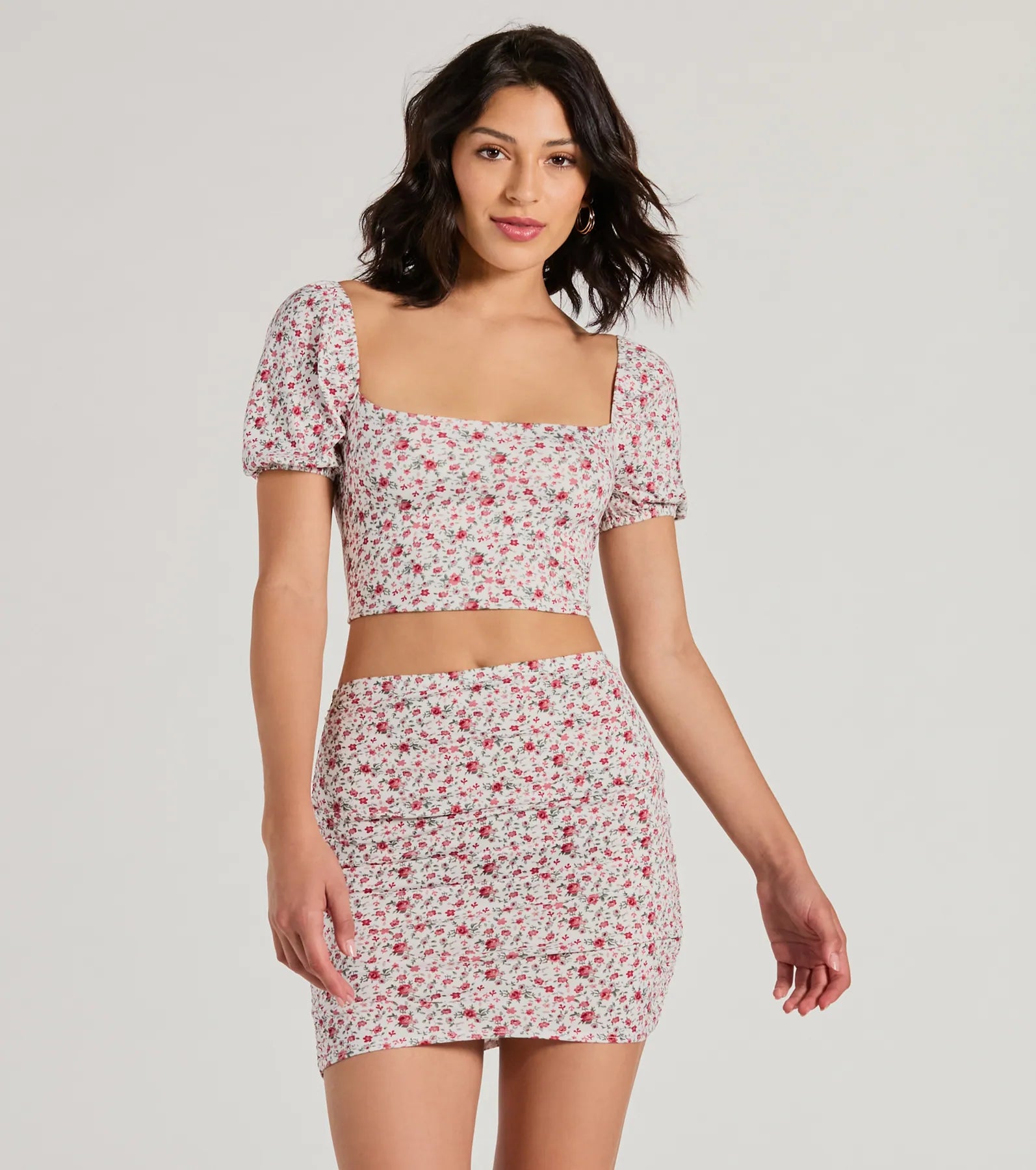 Two Cute Lace-Up Floral Crop Top Spandex Blend Rayon Blend Denim Blend