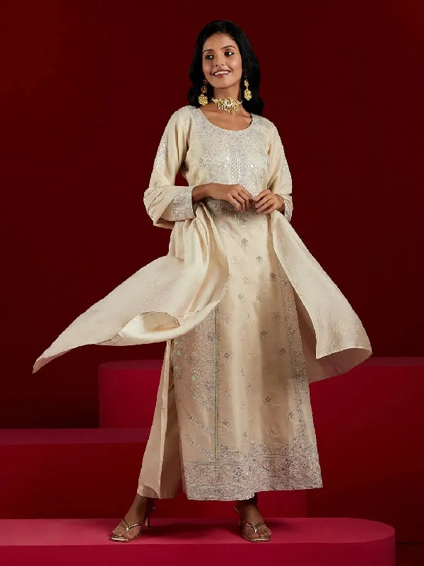 Libas Art Cream Embroidered Silk Blend A-Line Kurta With Trousers & Dupatta Trousers Capri Summer Libas Art Cream Embroidered Silk Blend A-Line Kurta With Trousers & Dupatta Trousers Capri Summer