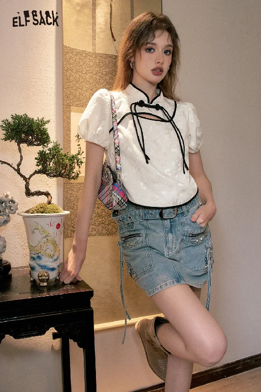 ELFSACK 2024 summer new arrival picnic travel vacation holiday soft comfortable fitted jacquard weave Chinese style shirt printing casual short button pullover Long Bell Sleeve ELFSACK 2024 summer new arrival picnic travel vacation holiday soft comfortable fitted jacquard weave Chinese style shirt printing casual short button pullover Long Bell Sleeve