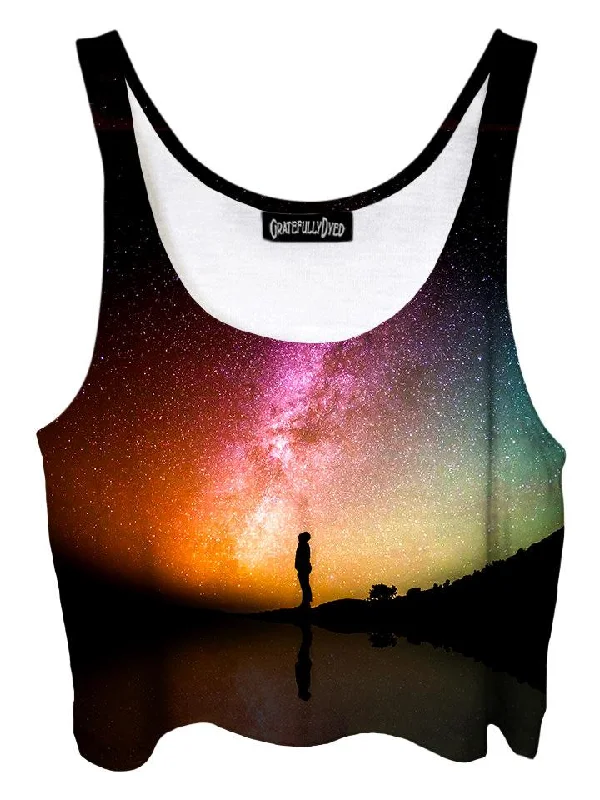 Reflection Rainbow Galaxy Crop Top Notch Collar Peter Pan Collar Cowl Neck