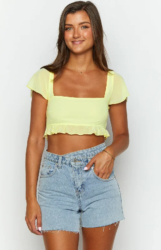 Rylee Yellow Chiffon Crop Top Lace Blend Ribbed Blend Corduroy Blend