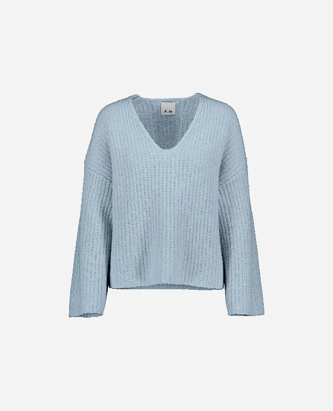 V-Pullover aus Cashmere-Mischung in Blau Slouchy Comfort Pullover