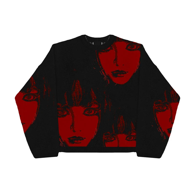 Vintage Ukiyo-e Knit Sweater - Gothic Streetwear Pullover Flutter Sleeve Feminine