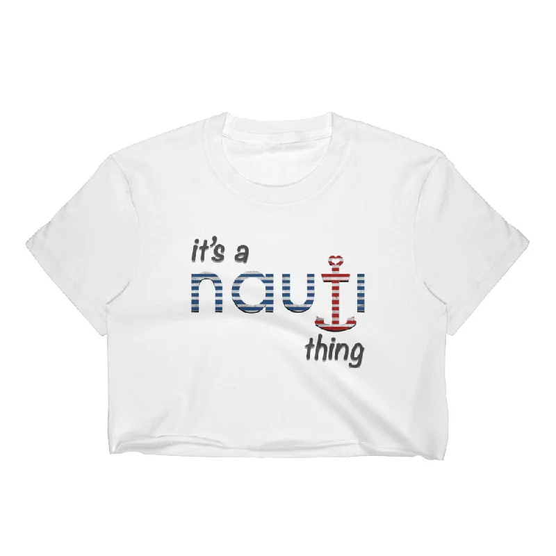 "it's a NAUTI thing" Woman's Anchor Crop Top in White Cotton Embroidered Appliqued Beaded