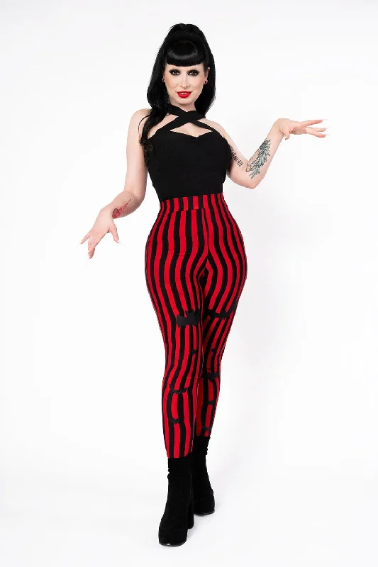 Sweet Sweet Bat Leggings [Black/Red Stripe] Fashionable Leather-Look Leggings