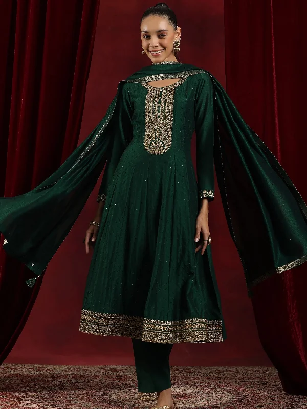 Libas Art Green Embroidered Silk Blend A-Line Kurta With Trousers & Dupatta Trousers Travel Practical